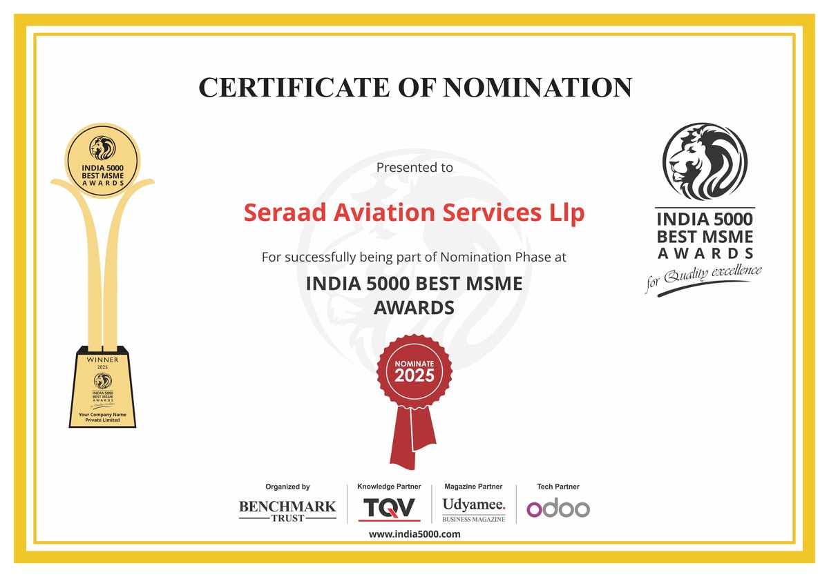 India 5000 Best MSME Awards 2025 Certificate of Nomination presented to Seraad Aviation Services LLP