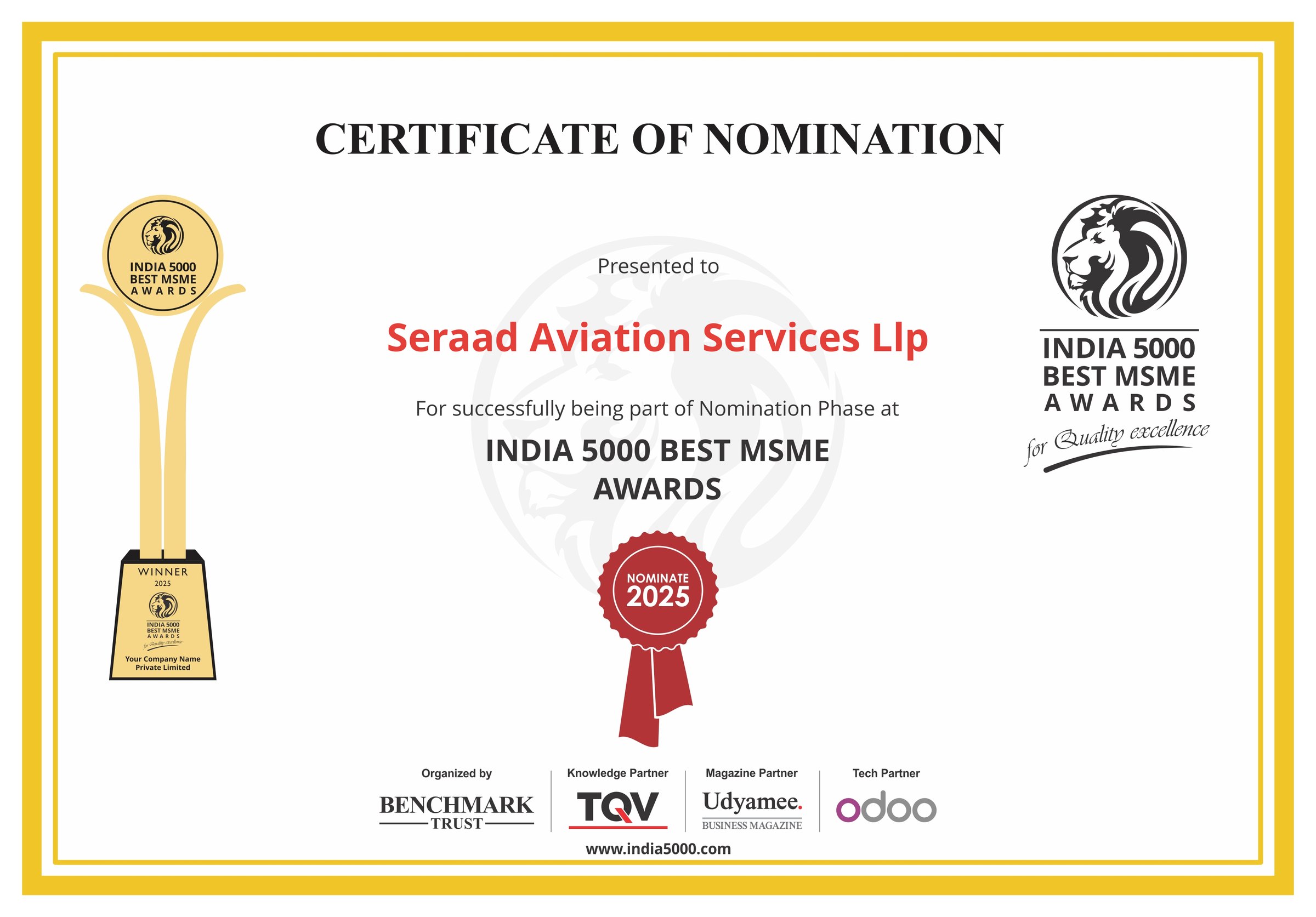 India 5000 Best MSME Awards 2025 Certificate of Nomination presented to Seraad Aviation Services LLP