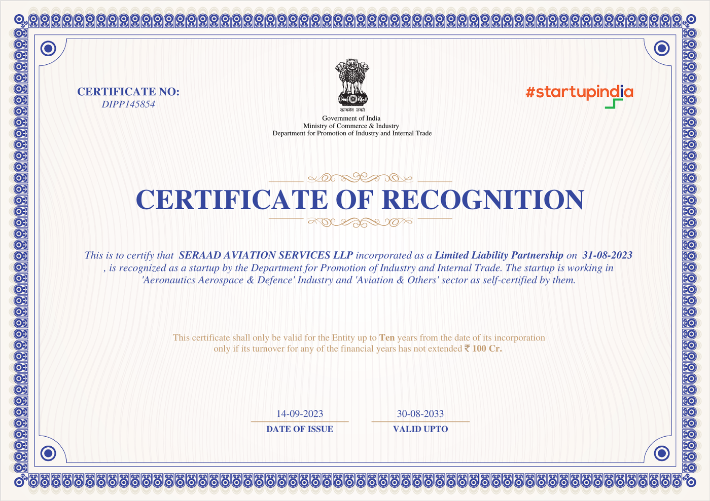 Startup India Certificate